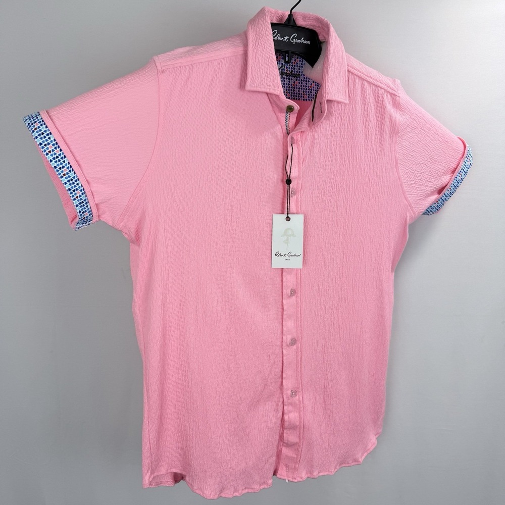 Robert Graham Seersucker Button-Up Shirt Men Medium Tailored Pink Flip Cuff Soft